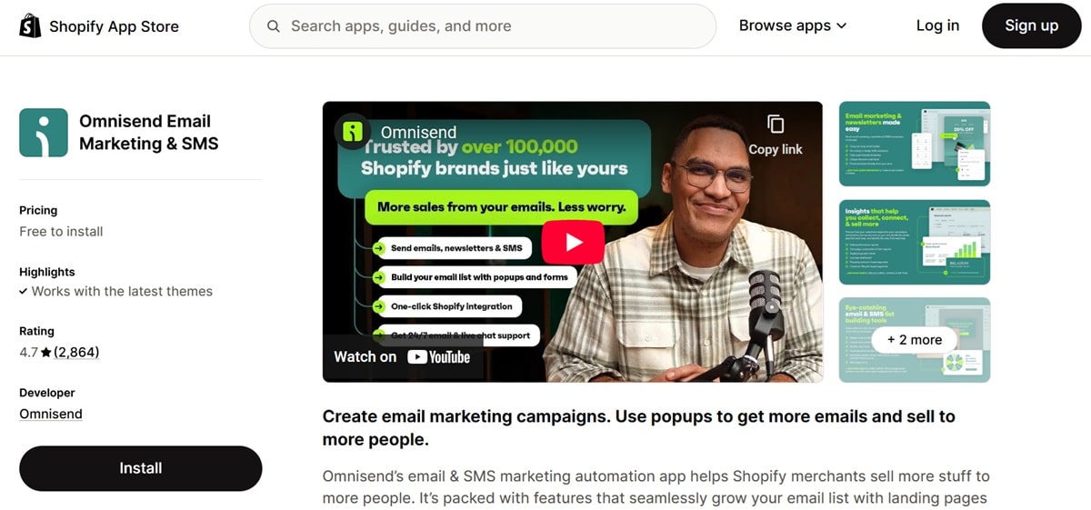 Omnisend Shopify app interface showing email and SMS automation workflows with pre-built templates and sign-up forms for ecommerce marketing